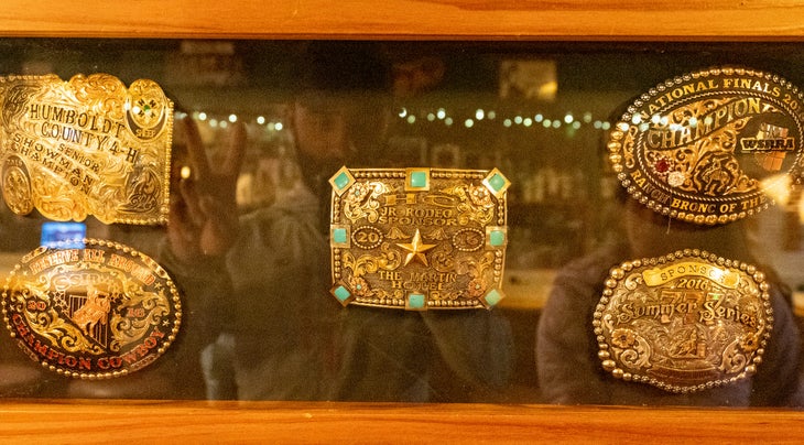 Rodeo buckles on display at the Martin Hotel