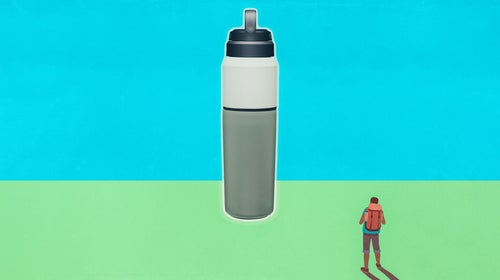 Illustration of small traveler looking at large bottle