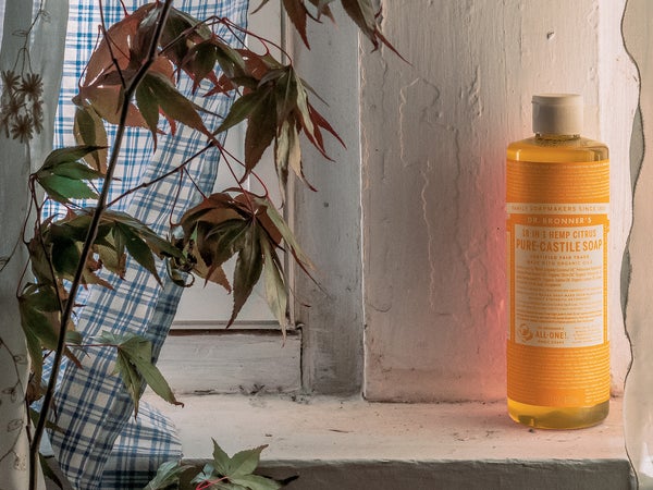 Bottle of Dr. Bronner's soap sitting on a window sill