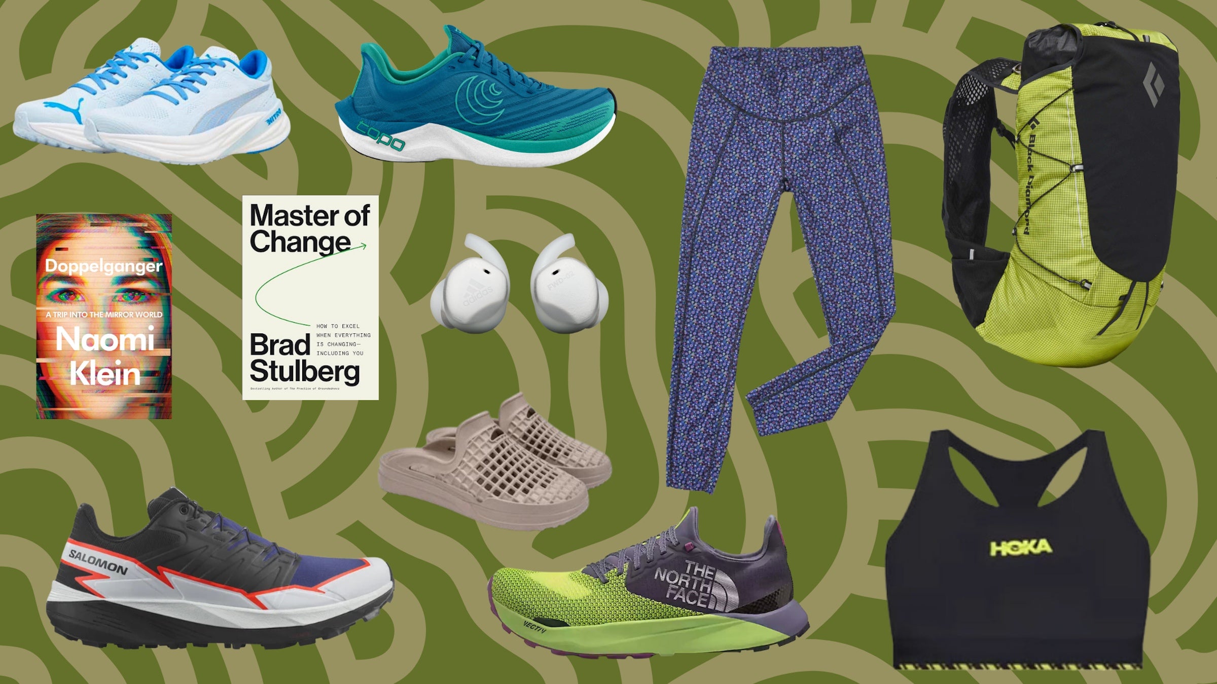 A collage of books and gear on a green backdrop