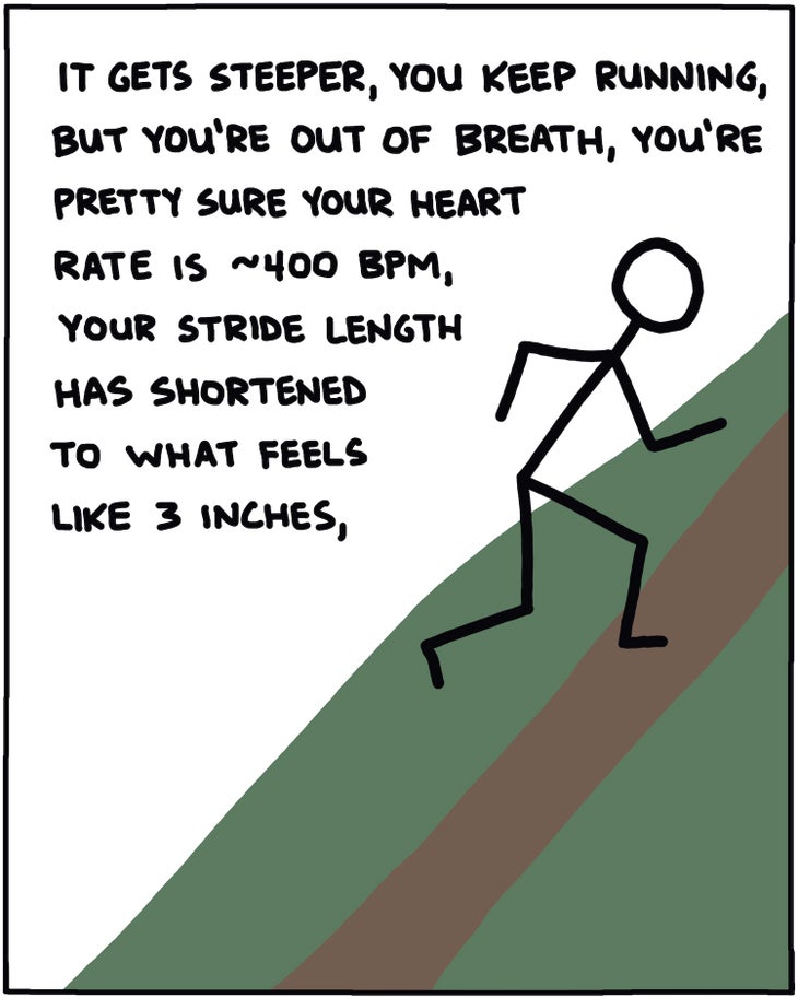 it gets steeper, you keep running, but you’re out of breath, you're pretty sure your heart rate is ~400 BPM, your stride length has shortened to what feels like three inches, 
