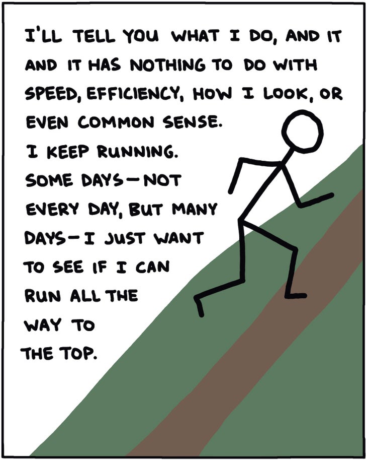 I’ll tell you what I do, and it has nothing to do with speed, efficiency, how I look, or even common sense. I keep running. Some days—not every day, but many days—I just want to see if I can run all the way to the top. 