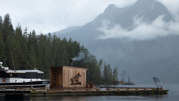 The new sauna at British Columbia’s Klahoose Wilderness Resort is set on the dock overlooking the sound.