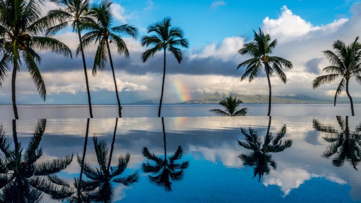 The infinity pool at the Maui Four Seasons reflects a rainbow, blue skies, and palm trees