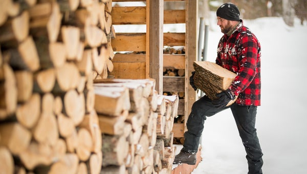 stacking wood at the cottage wood pile in winter
