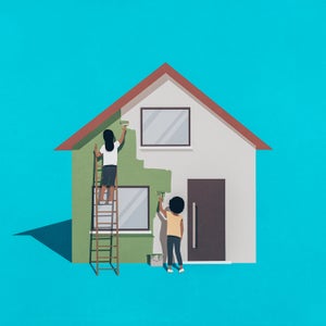 Illustration of people painting a house green