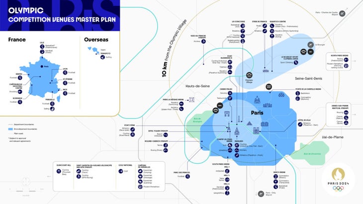 A map of the 2024 Summer Games venues, both in Paris and elsewhere in France and Tahiti