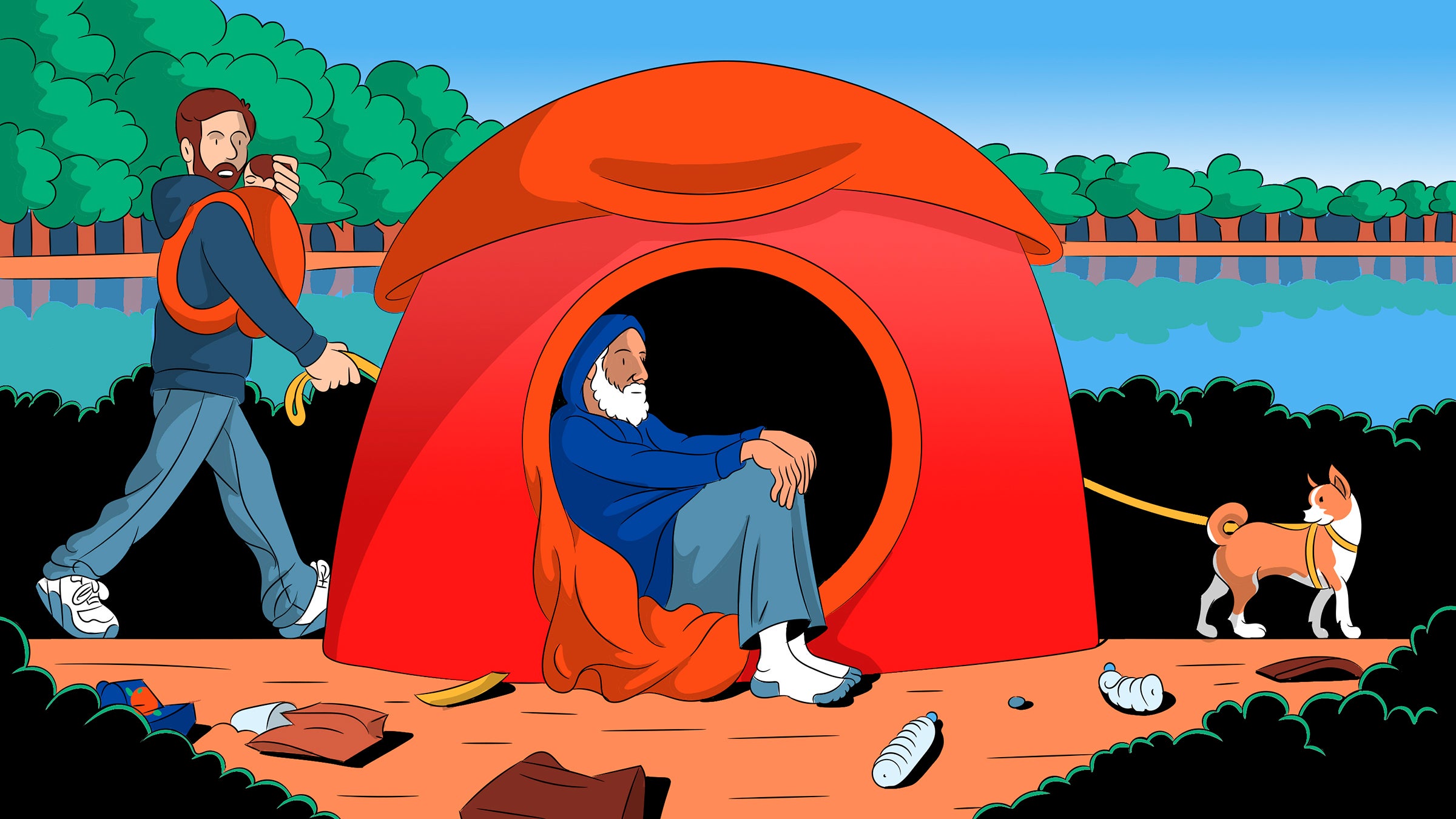 Illustration of a hiker walking by an encampment