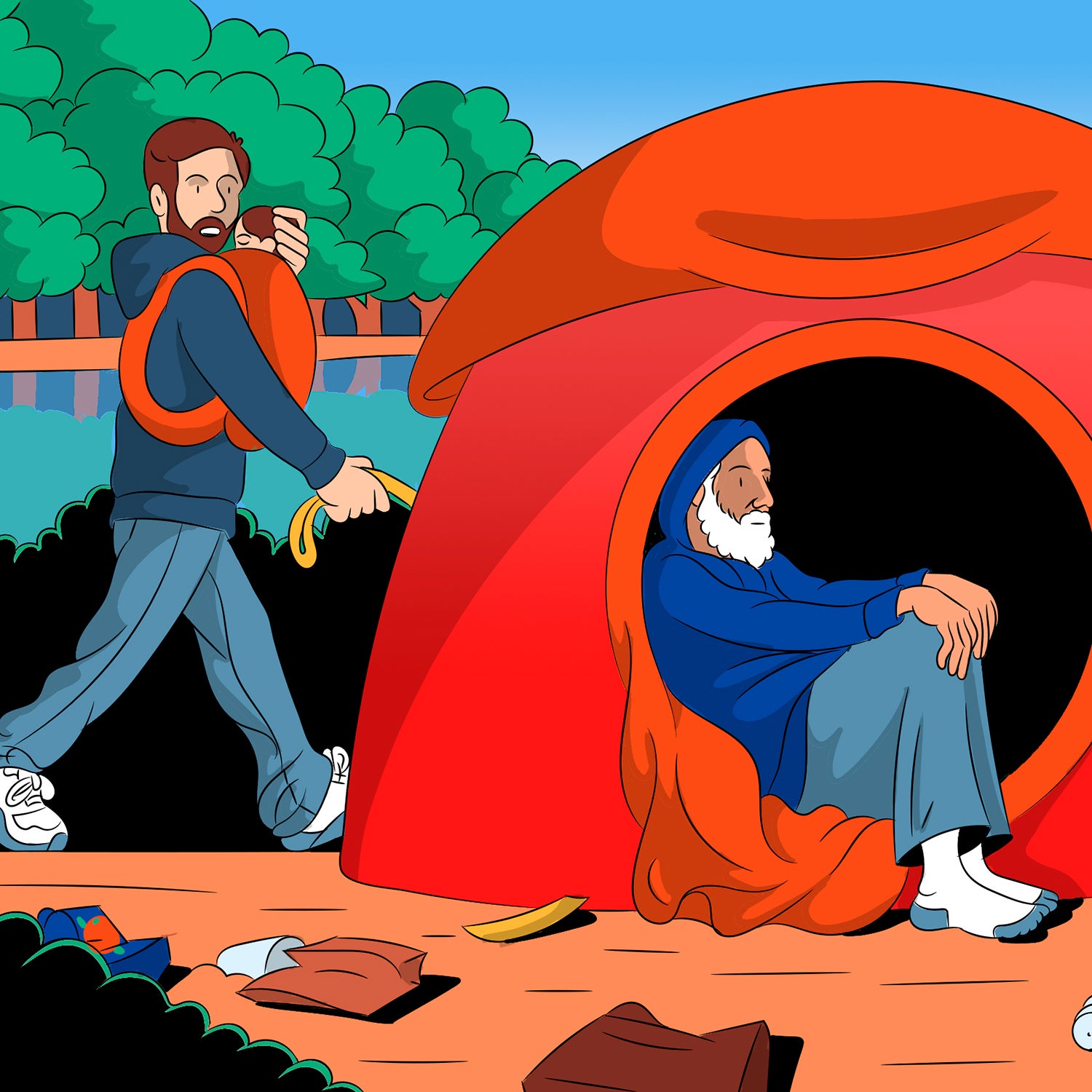 Illustration of a hiker walking by an encampment