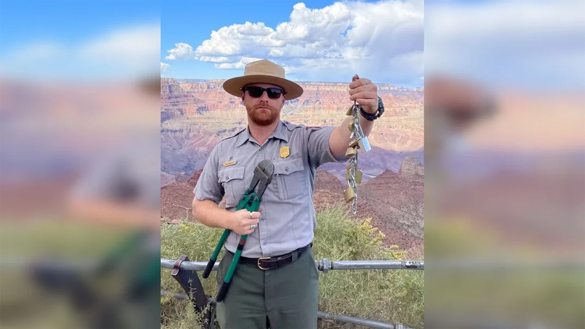 ranger holding cut-off love locks grand canyon