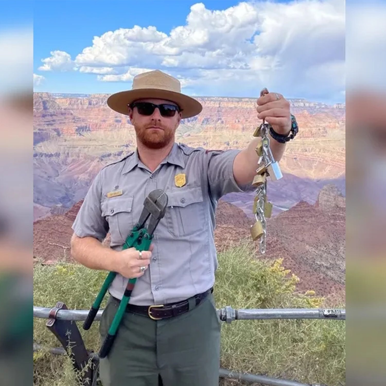 ranger holding cut-off love locks grand canyon