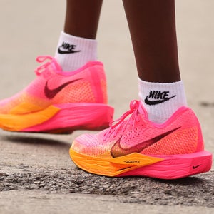 A closeup of a pink super shoe.