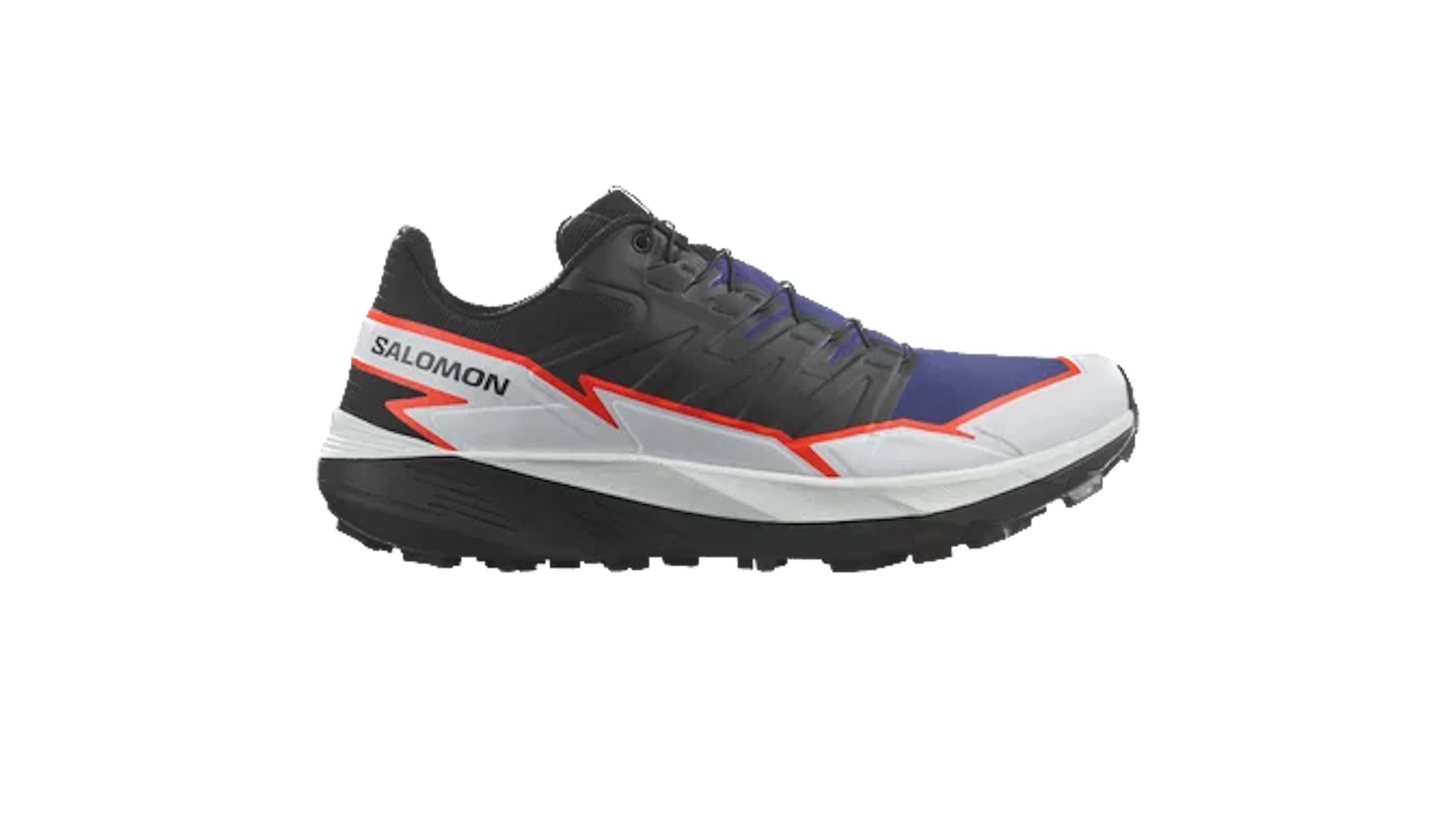 A single trail shoe that is black and red