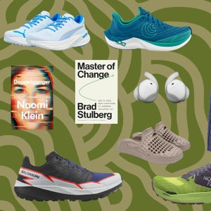 A collage of books and gear on a green backdrop