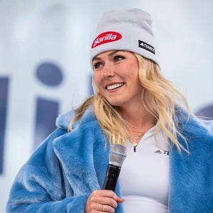 Mikaela Shiffrin holding microphone
