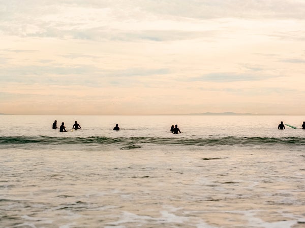 a group of surfers trying to catch a wave