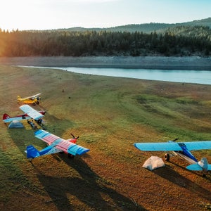 Plane-camping on the shore of Stampede Reservoir