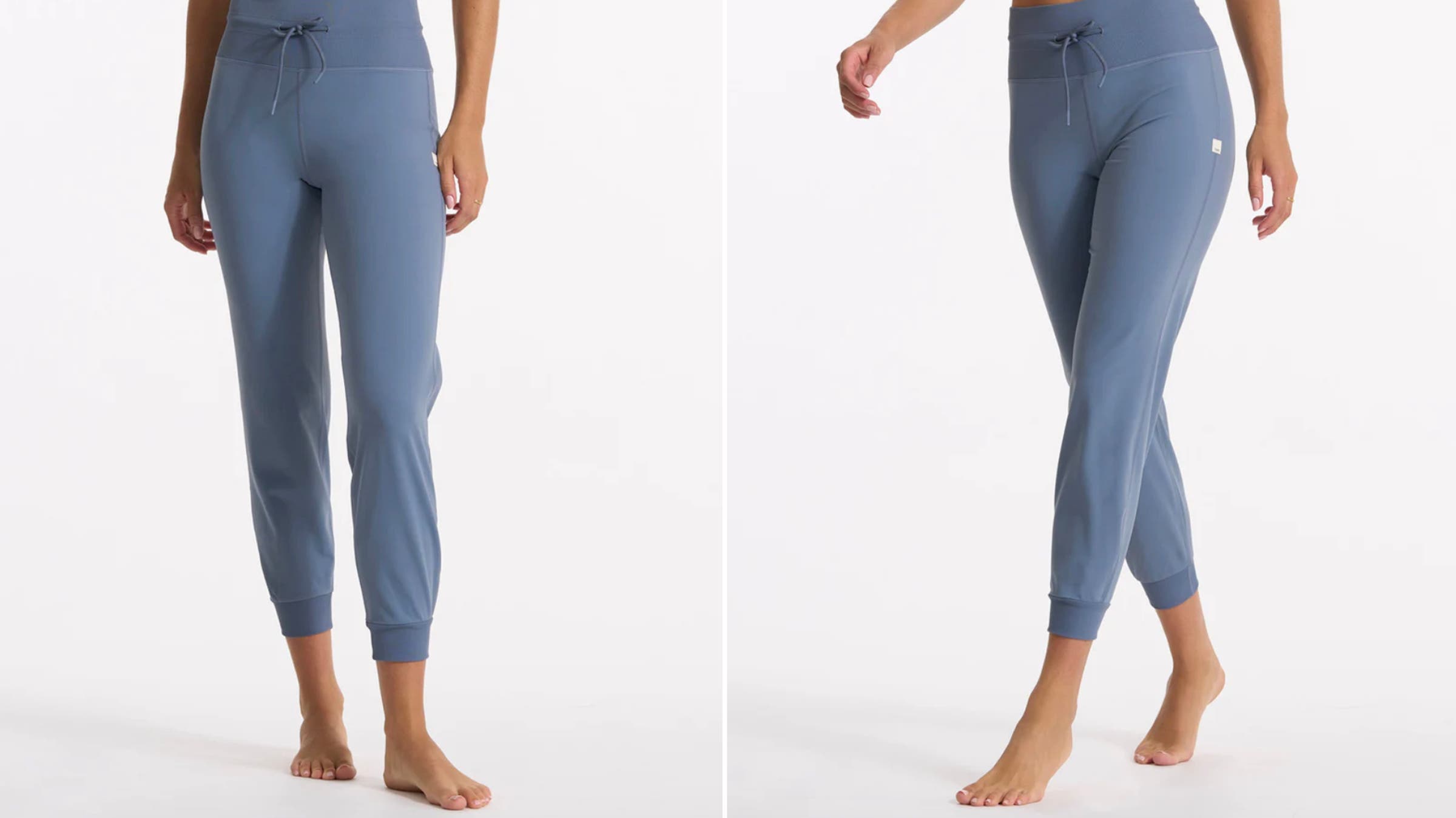 Two panel photo of light blue pants
