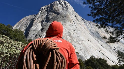 A rock climber looks up at El Capitan in Yosemite.