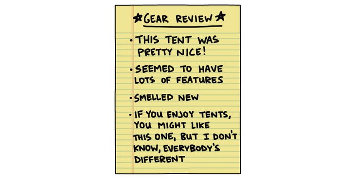 Illustration of gear review with notes on a tent