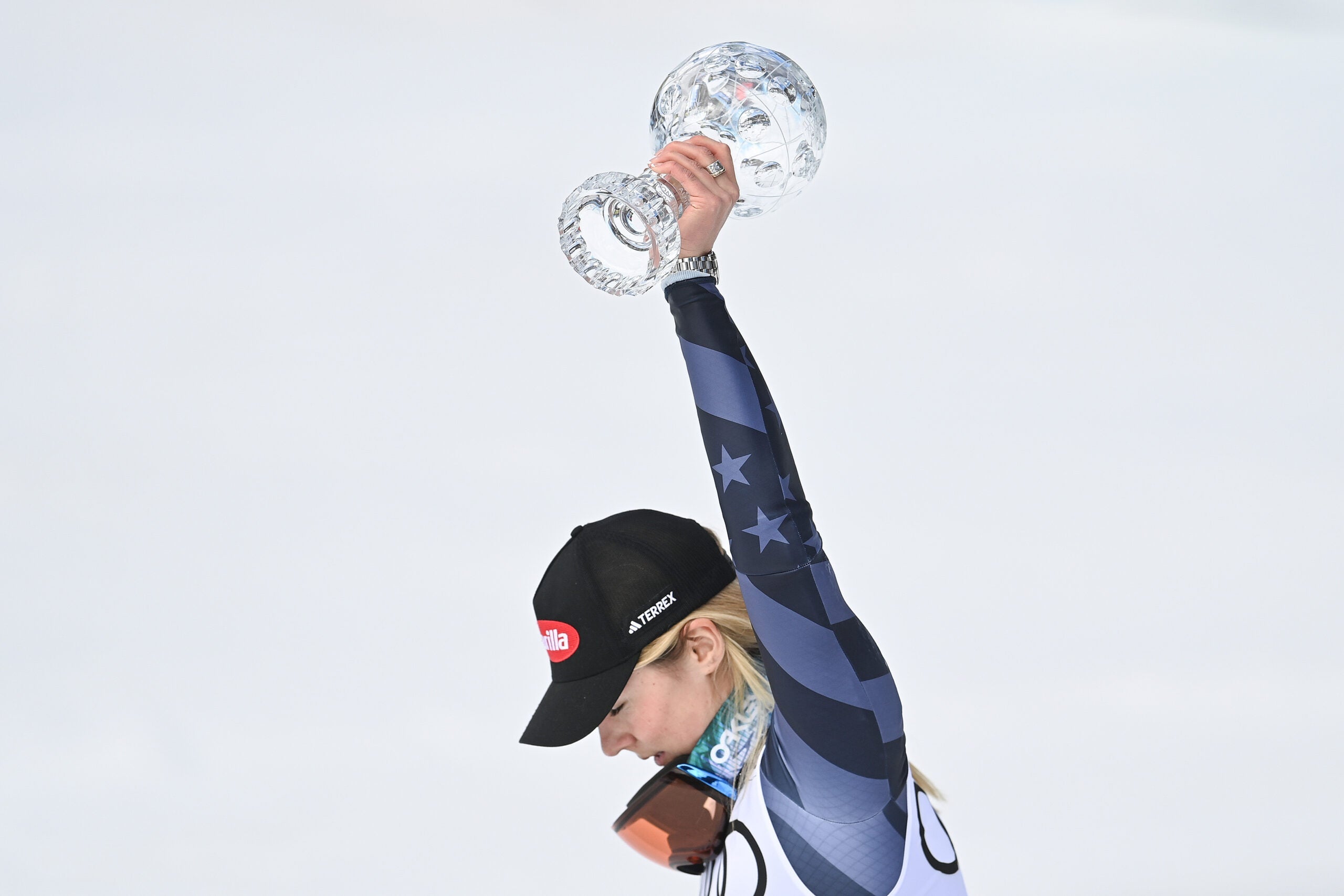 Women's Giant Slalom Cup Champion Mikaela Shiffrin celebrates with the Crystal Globe trophy after Women's Giant Slalom at the Audi FIS Alpine Ski World Cup Finals on March 19, 2023 in Soldeu near Andorra la Vella, Andorra.