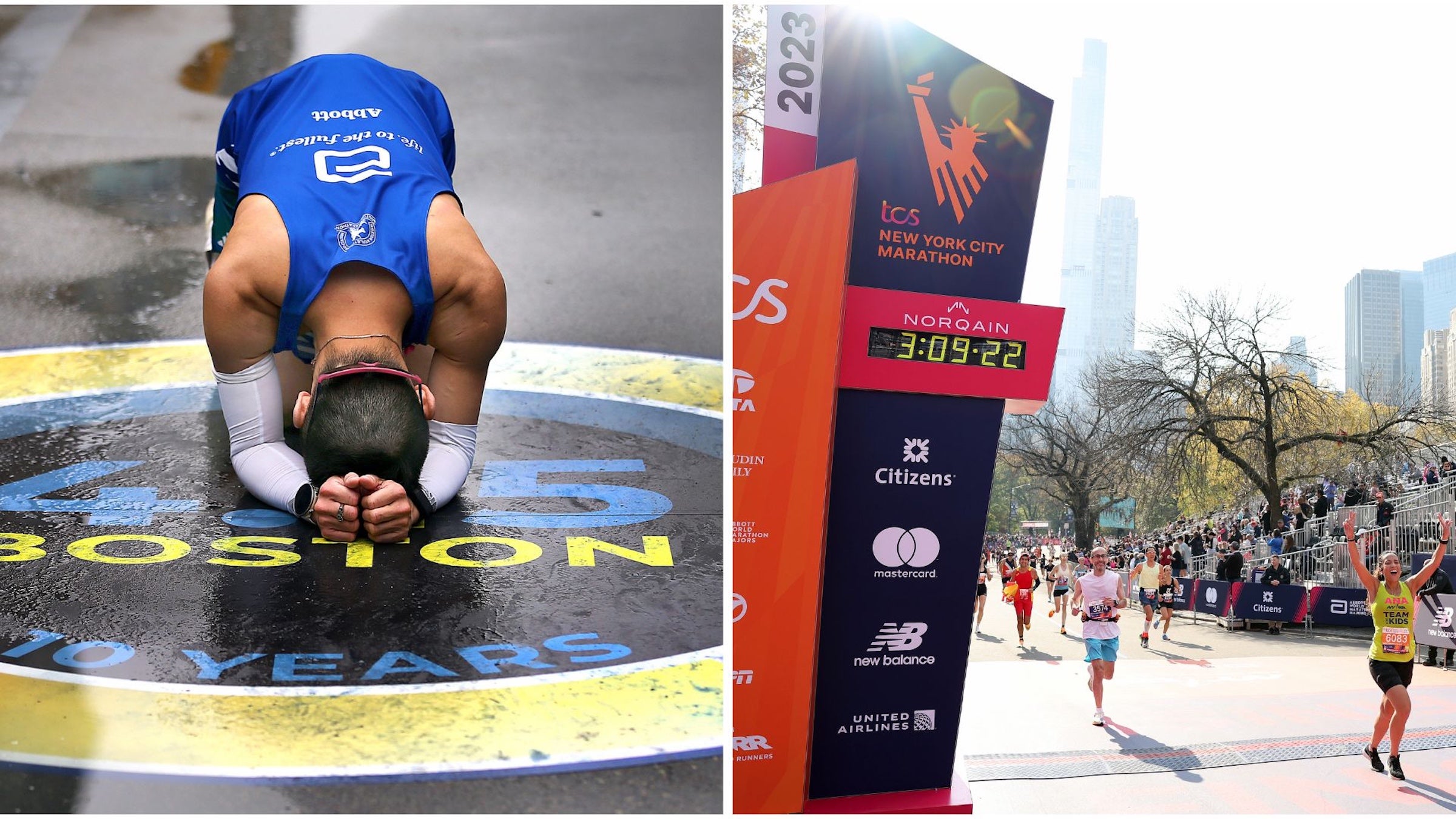 A two panel photo of the boston marathon and new york city finish