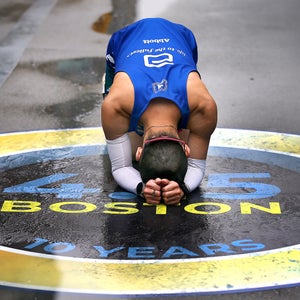 A two panel photo of the boston marathon and new york city finish