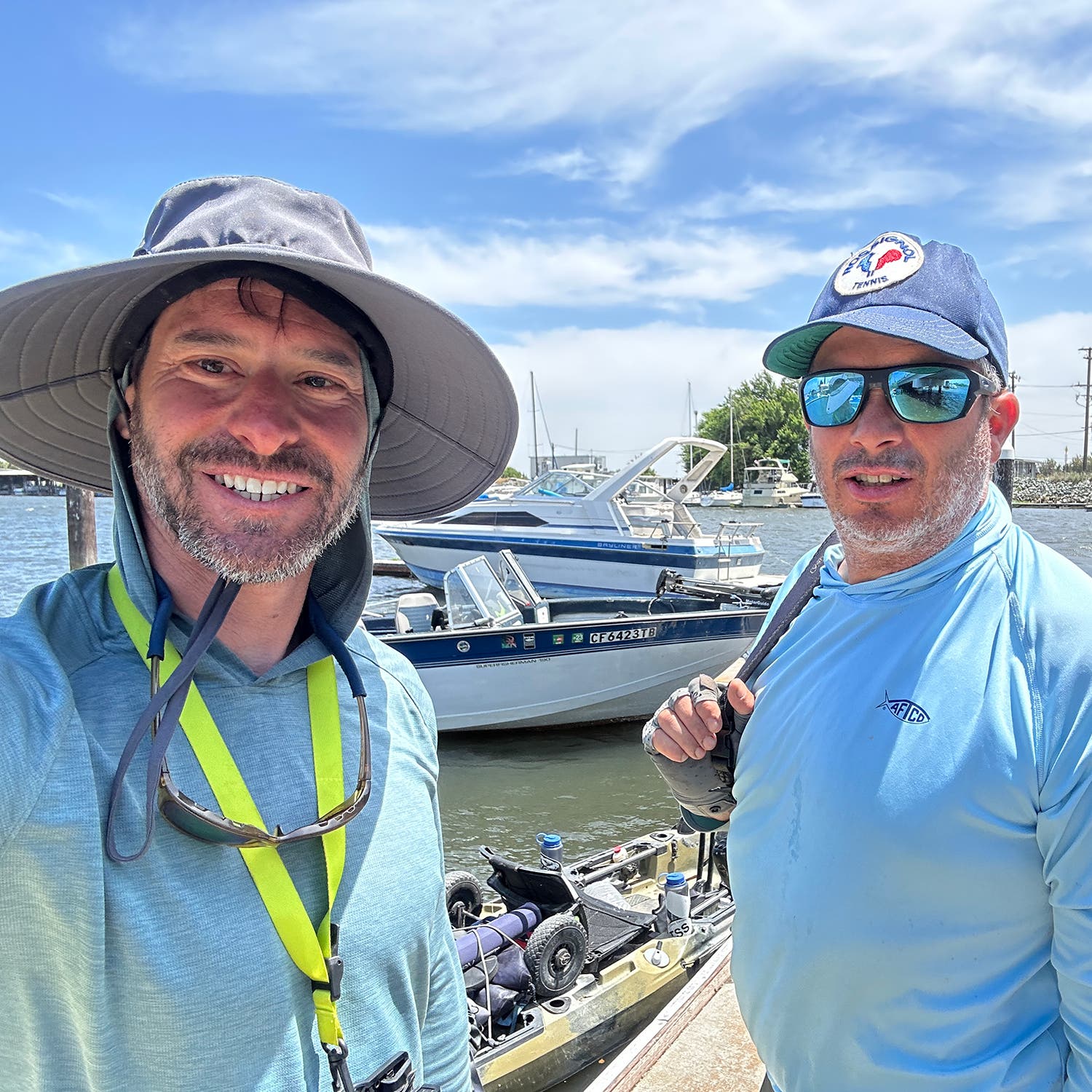 The author (left) and photographer on the dock at Bethel Island