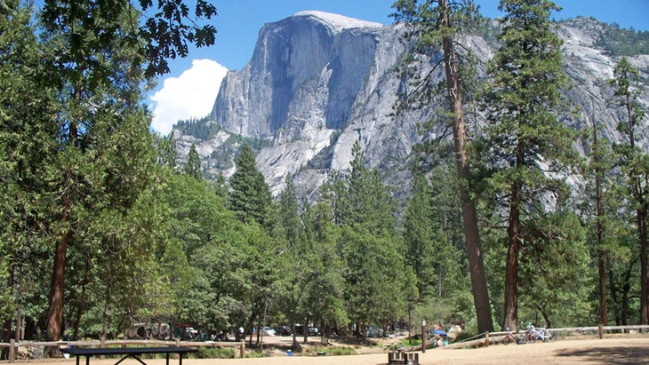 view of Half Dome in Yosemite from Lower Pines campground