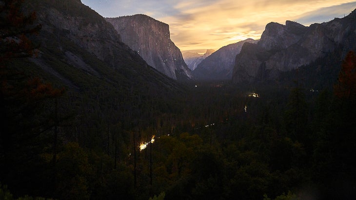 Lights on El Capitan and in Yosemite at night
