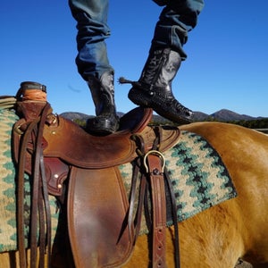 a close-up photo of a man in jeans standing on the back of a horse wearing crocs cowboy boots