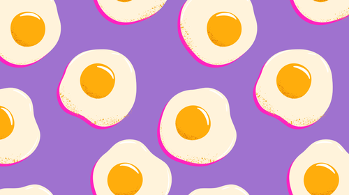 high protein breakfast with floating eggs on a purple background