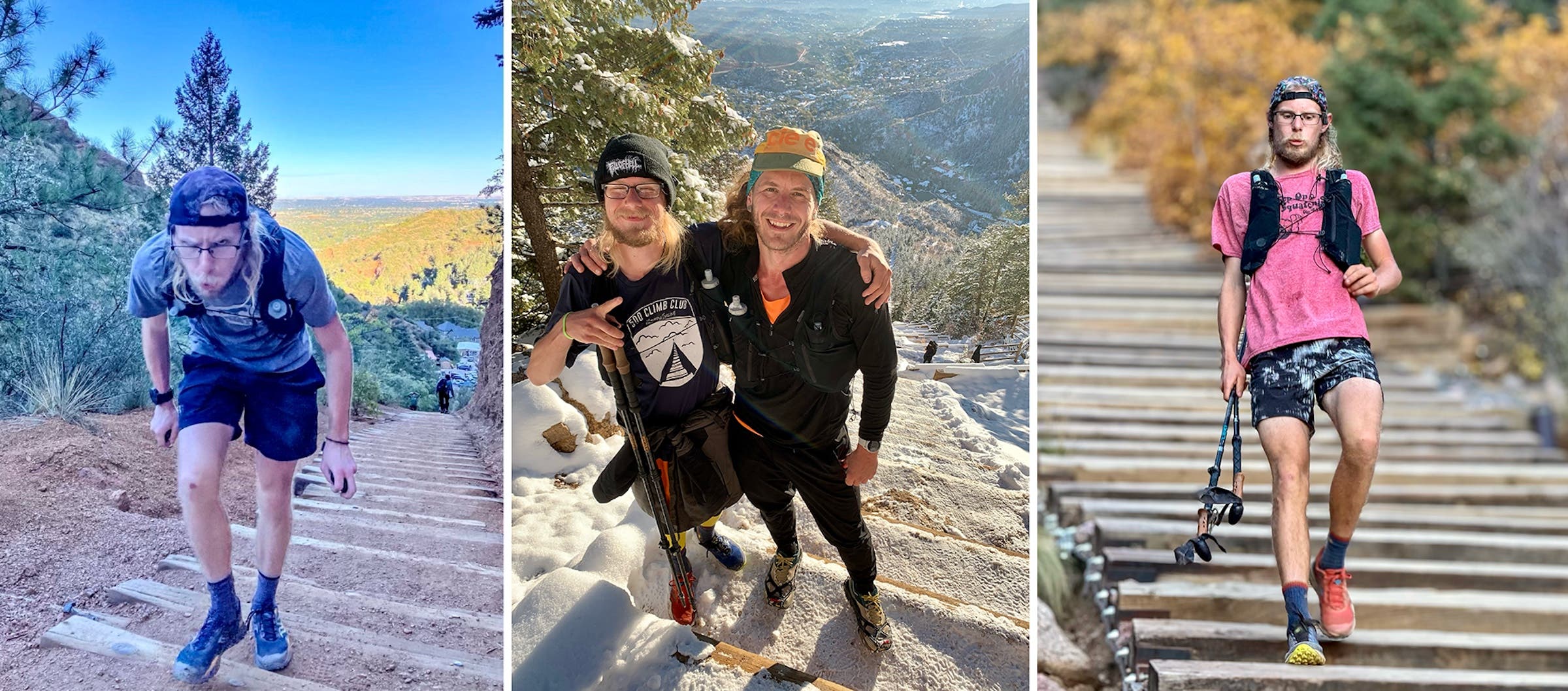 A triple photo of a man going up and down a mountain