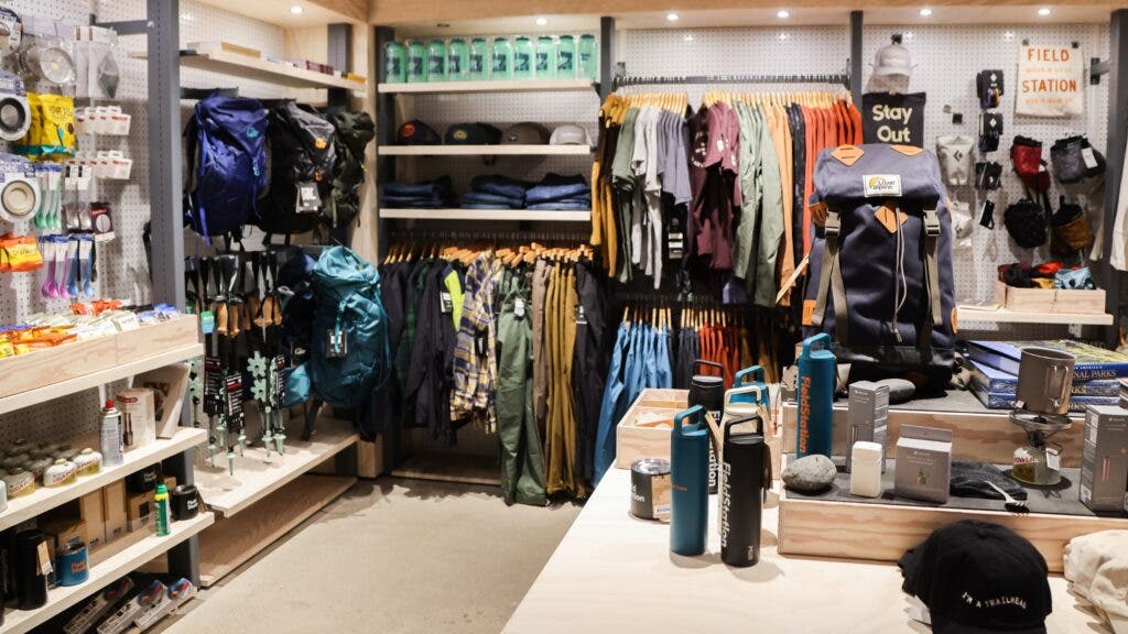 The store at Field Station Moab, filled with all kinds of outdoor essentials, from flannels and water bottles to insecticide and ball caps.