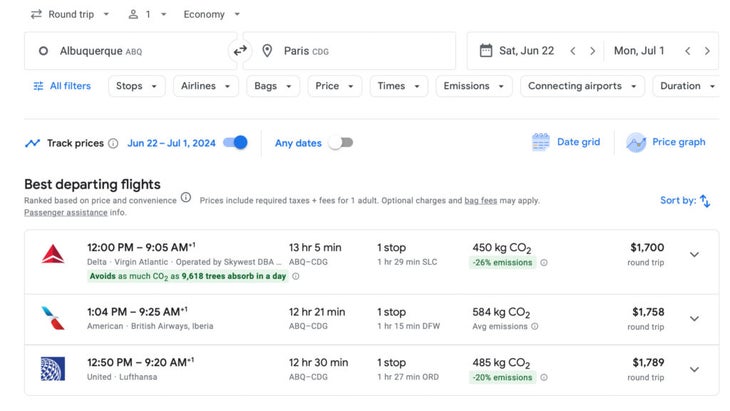 A screenshot of flights from Albuquerque, New Mexico, to Paris, France, with the top three prices listed by Google Flights