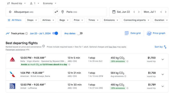 A screenshot of flights from Albuquerque, New Mexico, to Paris, France, with the top three prices listed by Google Flights
