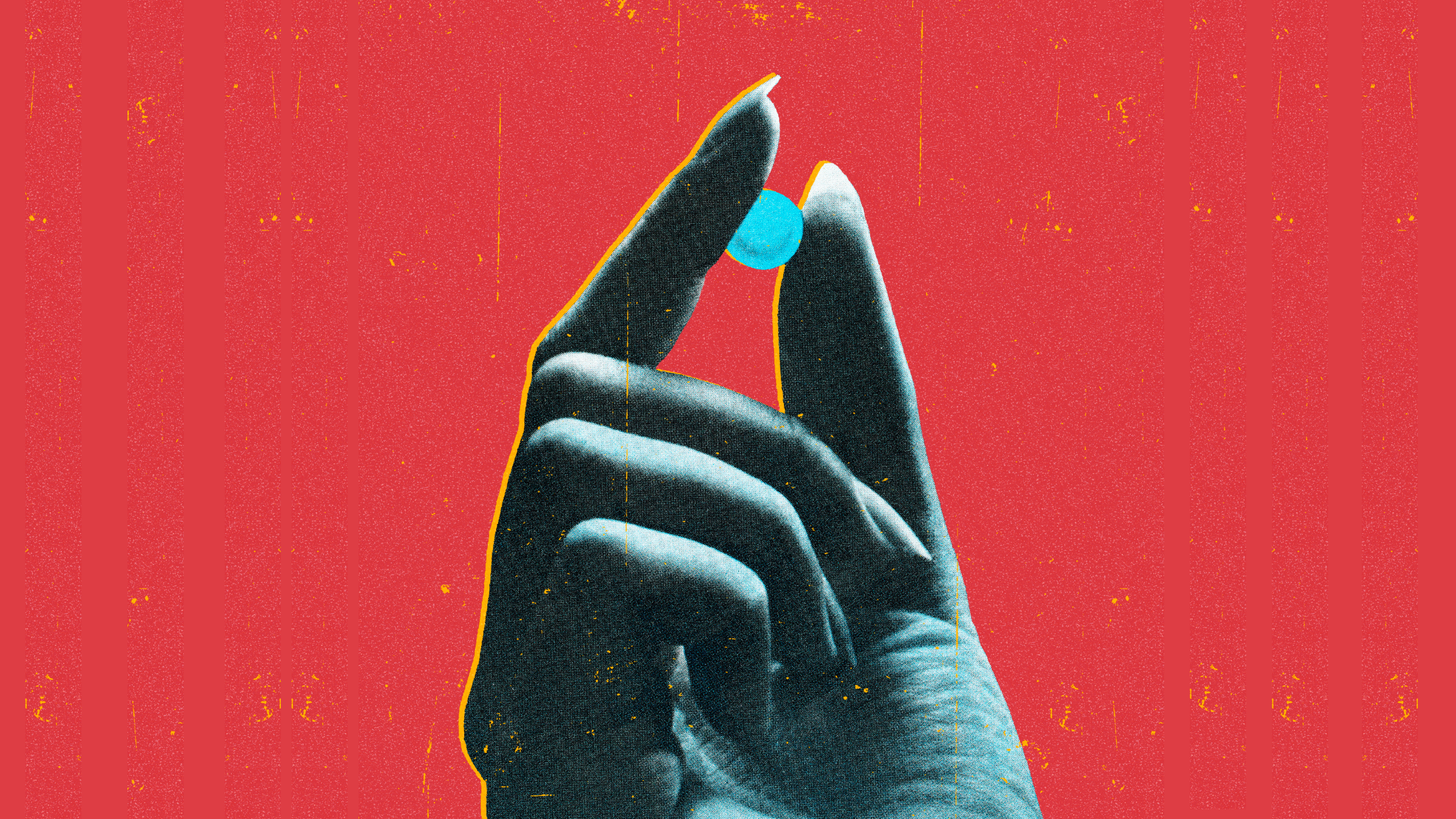 hand holding a pain relief pill on a red background