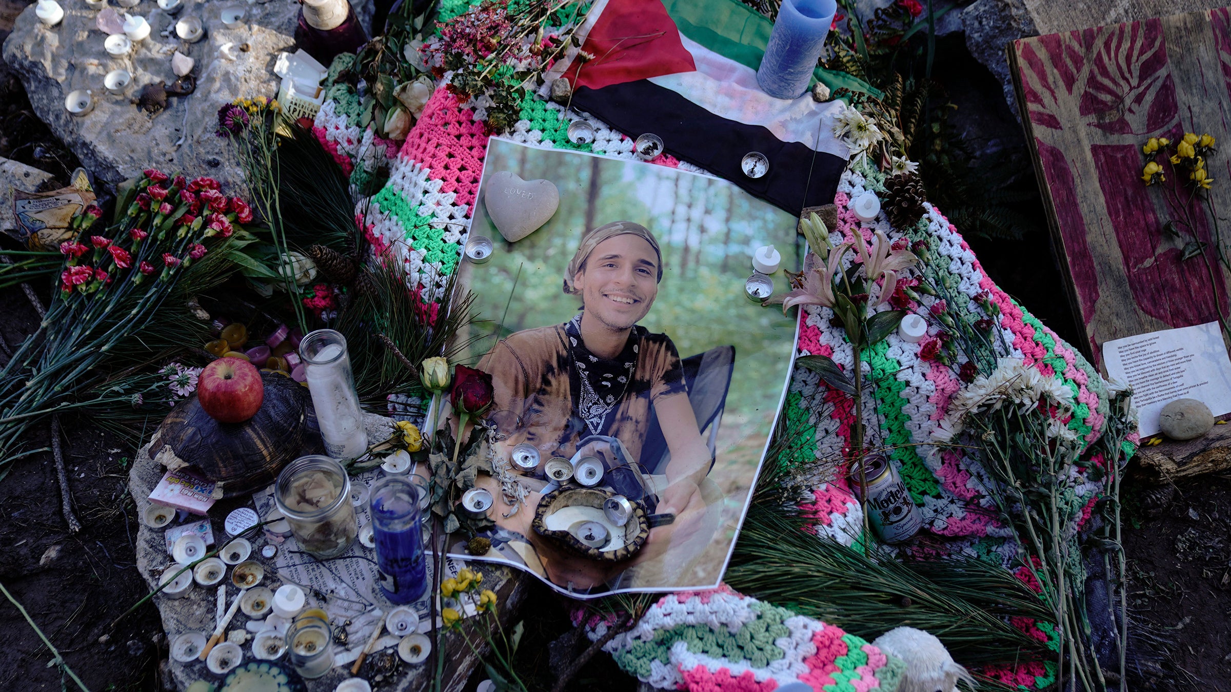 A makeshift memorial for Terán, the environmental activist who was killed by law enforcement on January 18, 2023, while protesting in Georgia.