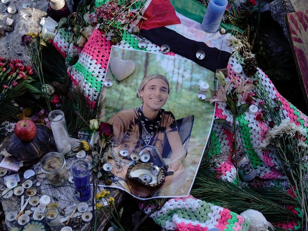 A makeshift memorial for Terán, the environmental activist who was killed by law enforcement on January 18, 2023, while protesting in Georgia.