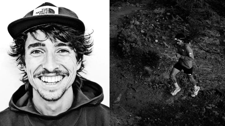 A two part image of a portrait of a man in hat and the same man running a trail