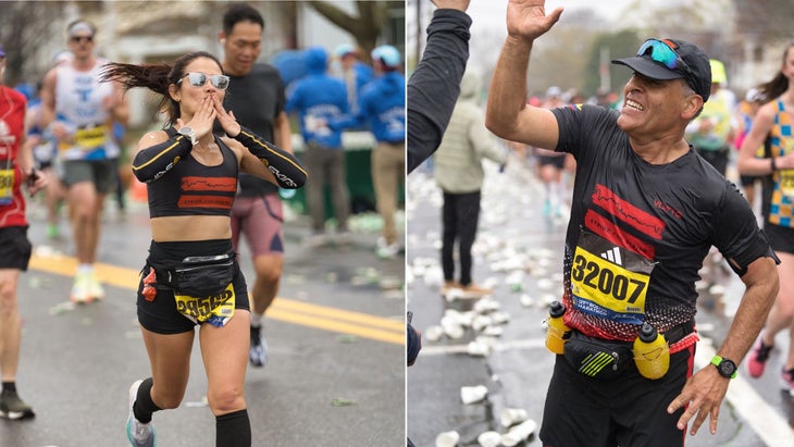 A two panel photo of two runners in black running on a street