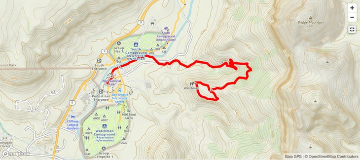 Gaia GPS map of the Watchman Trail