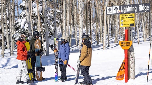 Skiers standing in line at Powder Mountain ski resort