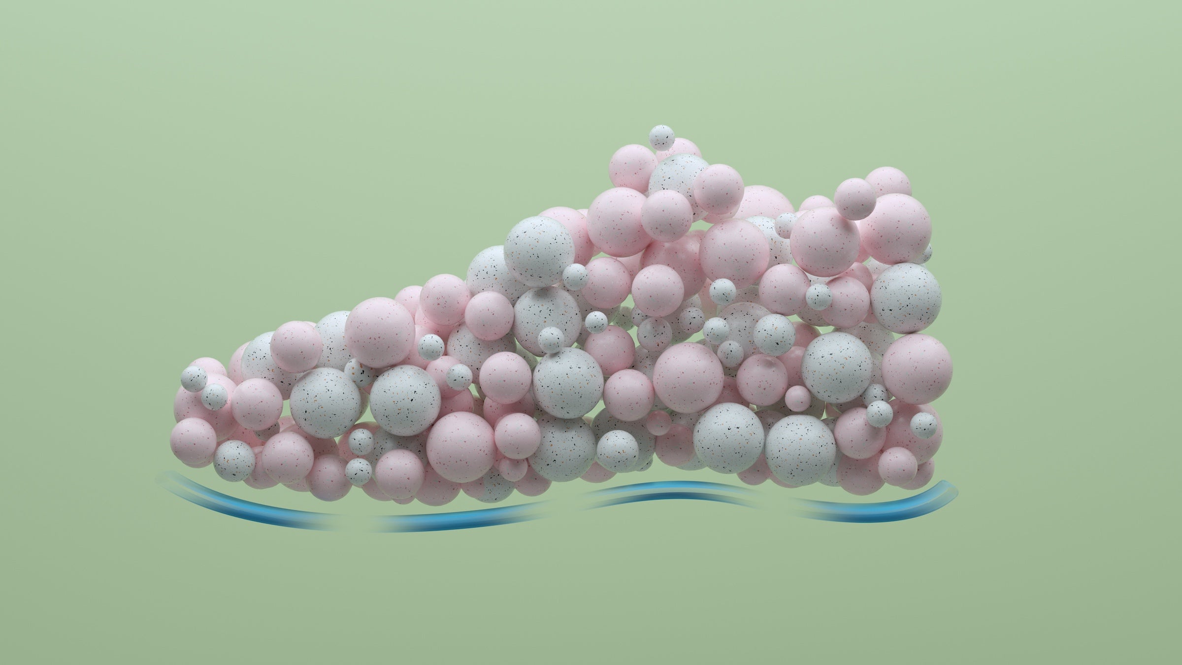Digital generated image of a sport shoe made out of pink and white spheres against green background.