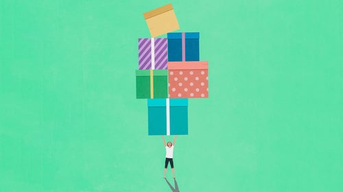 illustration of a shrunken person holding a stack of large gifts over their head