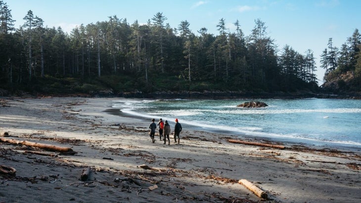 A group of four people dressed warmly, walking a wide beach covered with wood and branches, with lapping water to their right and tall cedar trees in the background