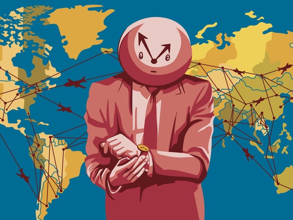 An illustration of what appears to be a man in a suit (with a head that's a clock) adjusting his wristwatch, with a background of a world map and planes flying across it.