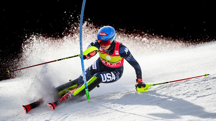 Shiffrin doing a World Cup slalom run at Soldeu, Andorra, in March