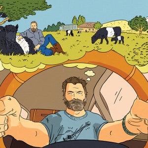 Illustration of Nick Offerman driving a car and thinking about a green pasture