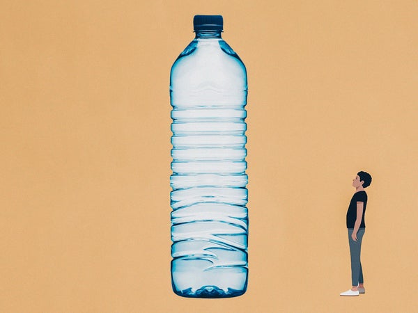 Illustration of a miniature person looking up at a plastic water bottle